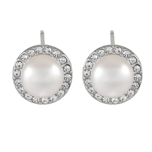 CADDA Silver (White Gold): Mini Stud Earrings with Freshwater Pearl & Pavé Zirconia Border