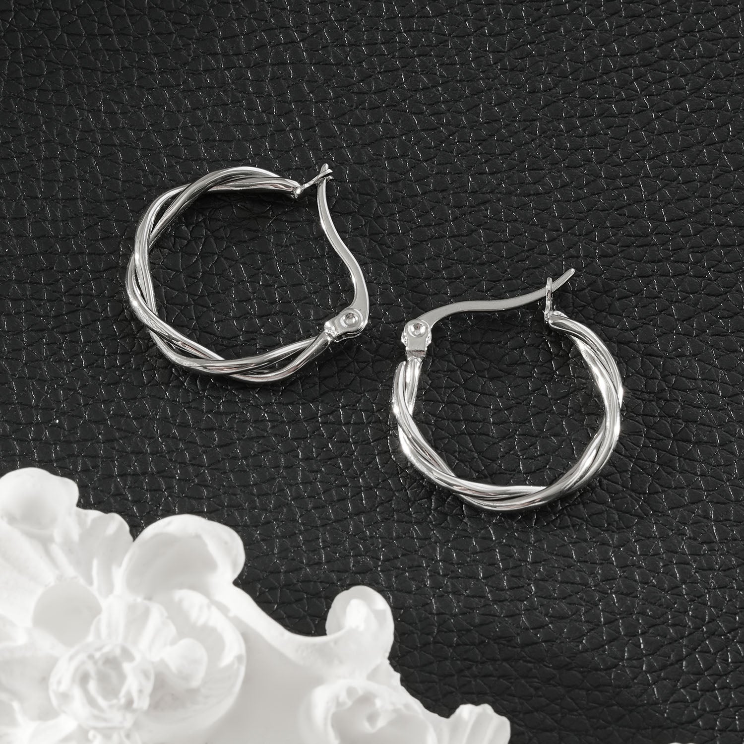 CARLOTA Silver (White Gold): Twisted Metal Strands Hoop Earrings