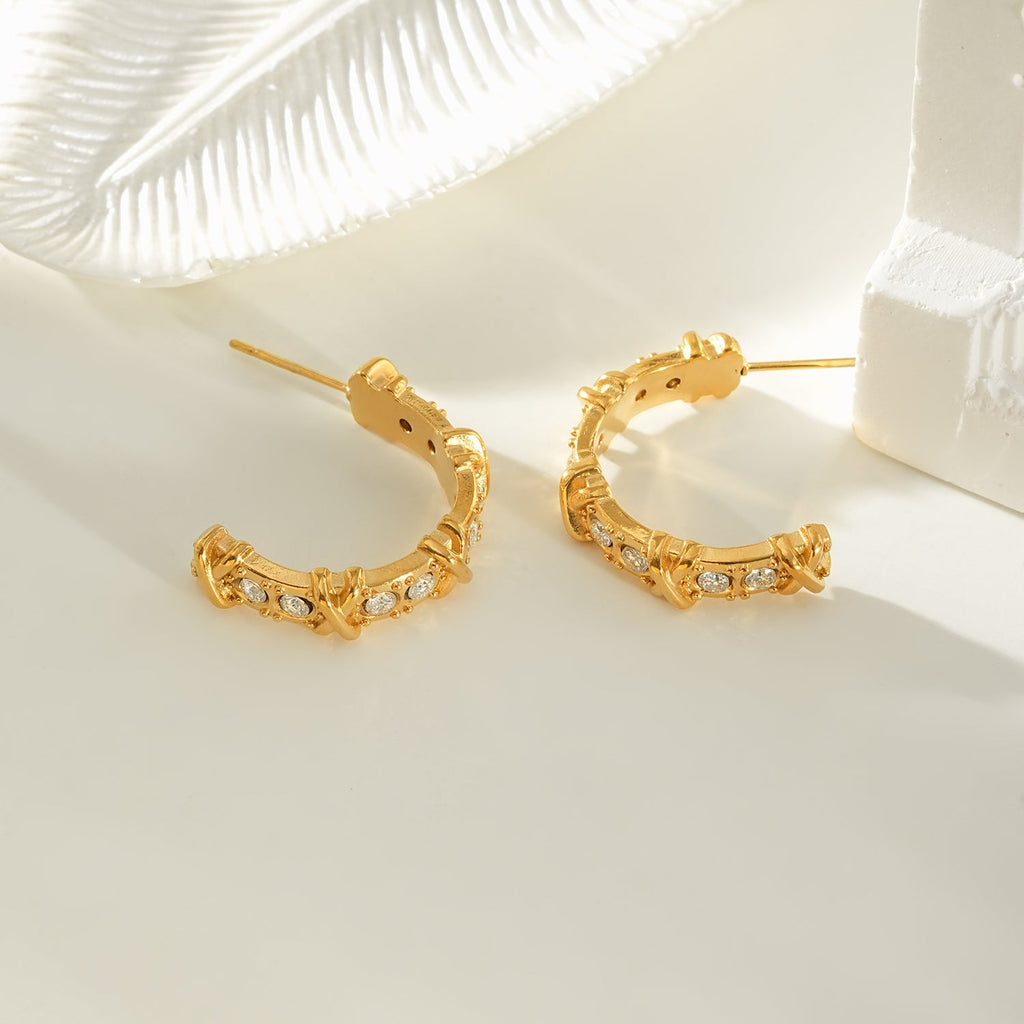 ELICA Gold: Zirconia Embedded Hoop Earrings with Ornate Detail &  Crisscross Accents